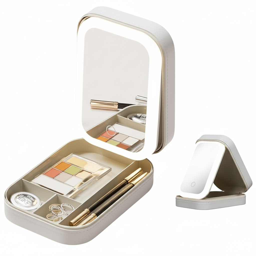 Portable LED Makeup Mirror with Built-in Cosmetic Storage Case..