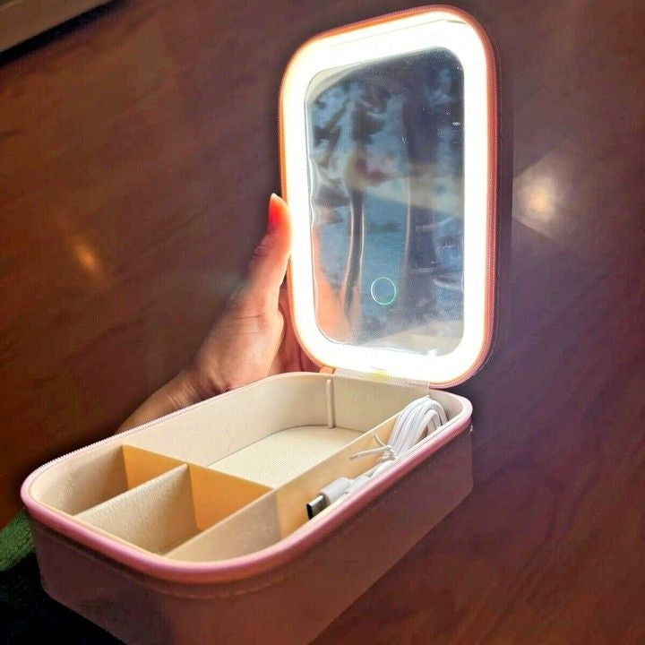 Portable Travel Jewelry Organizer with LED Lighted Mirror - Compact Makeup Case..