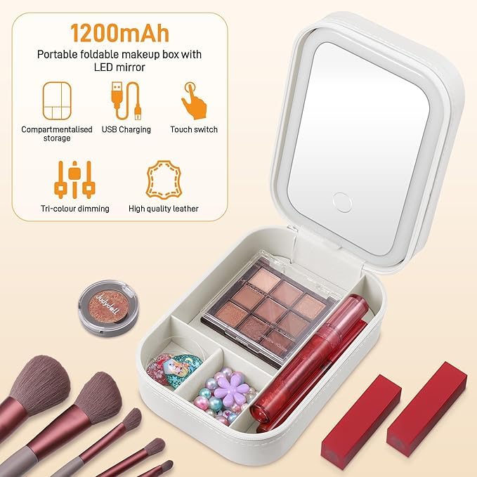 Portable Travel Jewelry Organizer with LED Lighted Mirror - Compact Makeup Case..