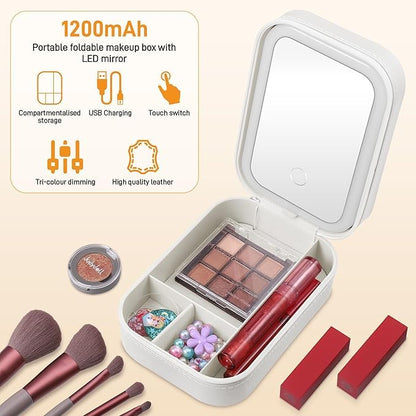 Portable Travel Jewelry Organizer with LED Lighted Mirror - Compact Makeup Case..