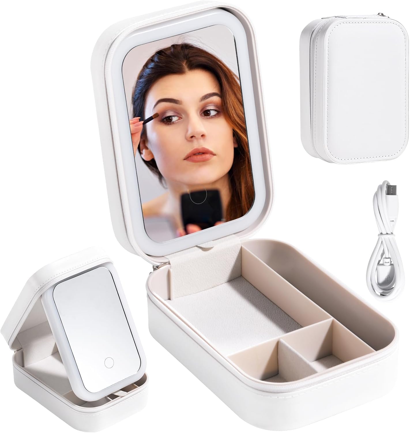 Portable Travel Jewelry Organizer with LED Lighted Mirror - Compact Makeup Case..