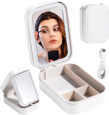 Portable Travel Jewelry Organizer with LED Lighted Mirror - Compact Makeup Case..