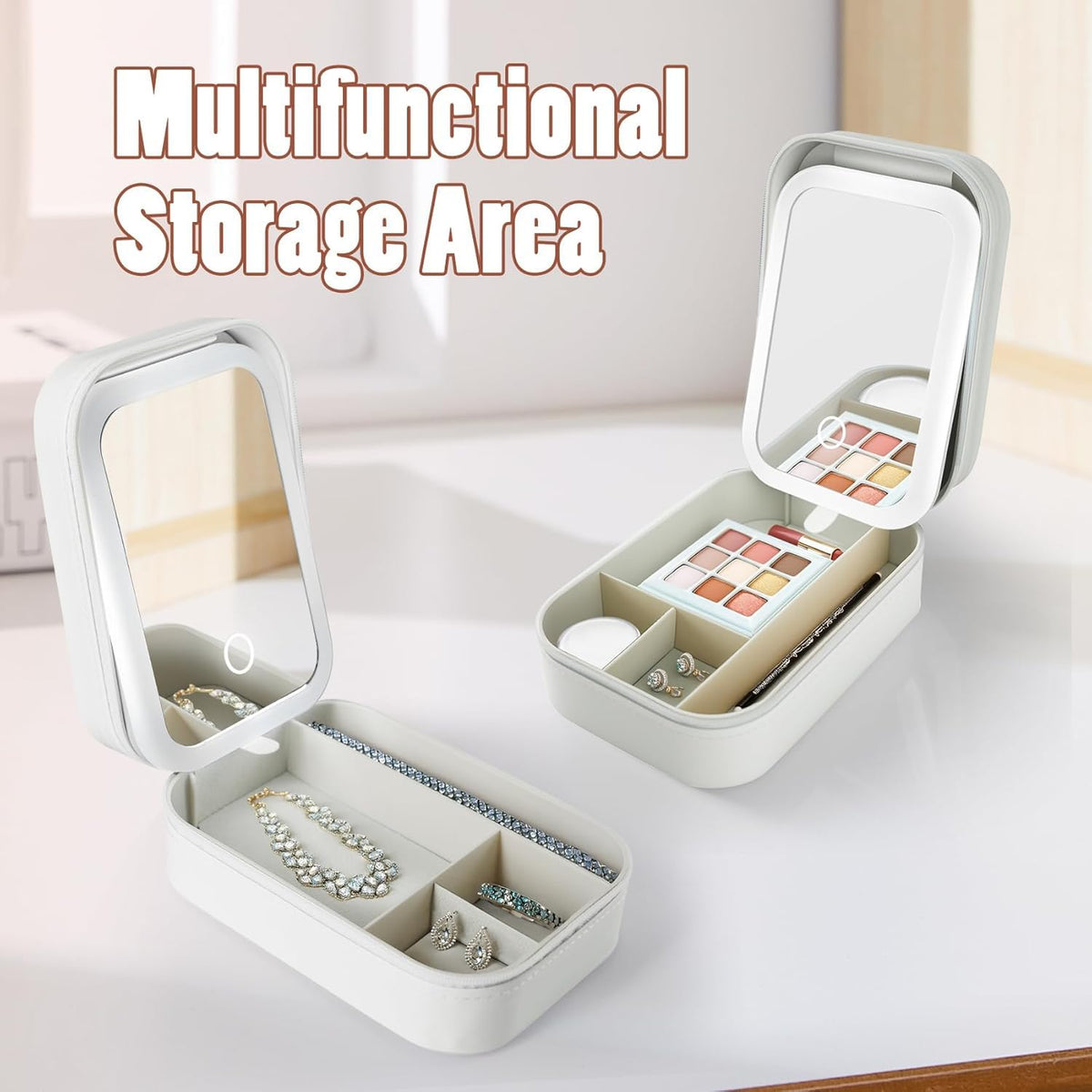 Portable LED Makeup Mirror with Built-in Cosmetic Storage Case..