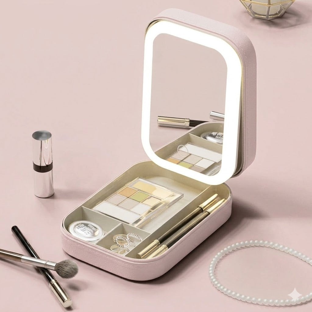 Portable Travel Jewelry Organizer with LED Lighted Mirror - Compact Makeup Case..