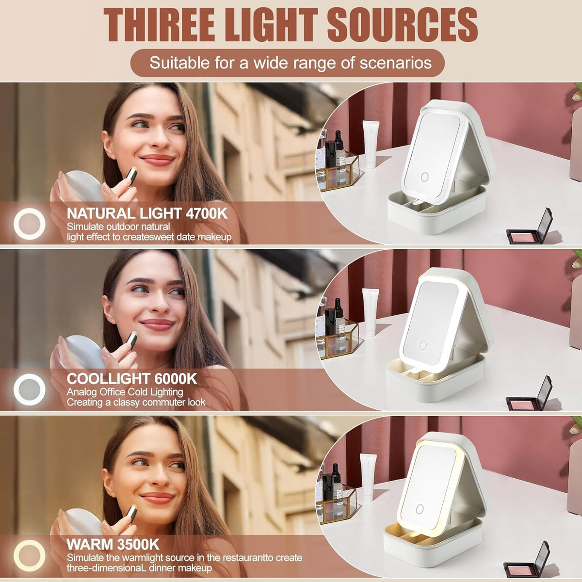 Portable LED Makeup Mirror with Built-in Cosmetic Storage Case..