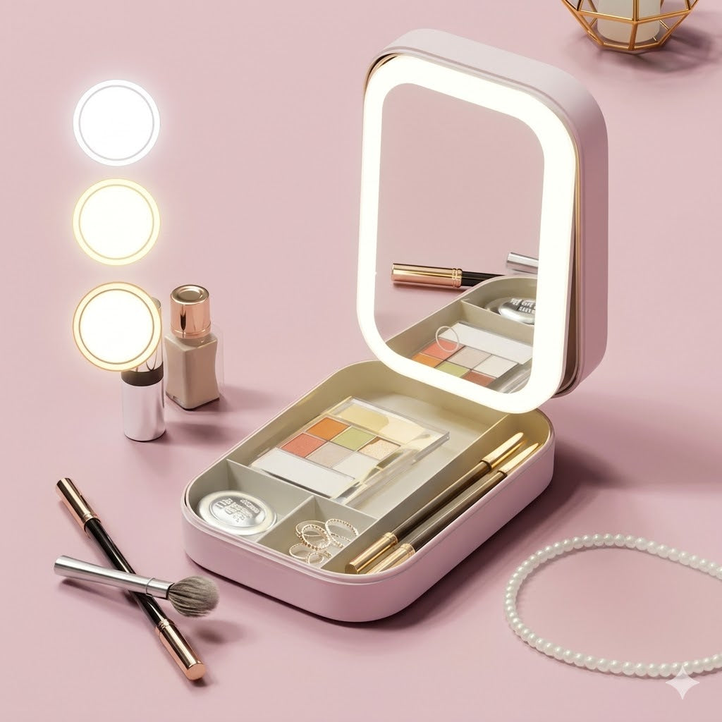 Portable Travel Jewelry Organizer with LED Lighted Mirror - Compact Makeup Case..