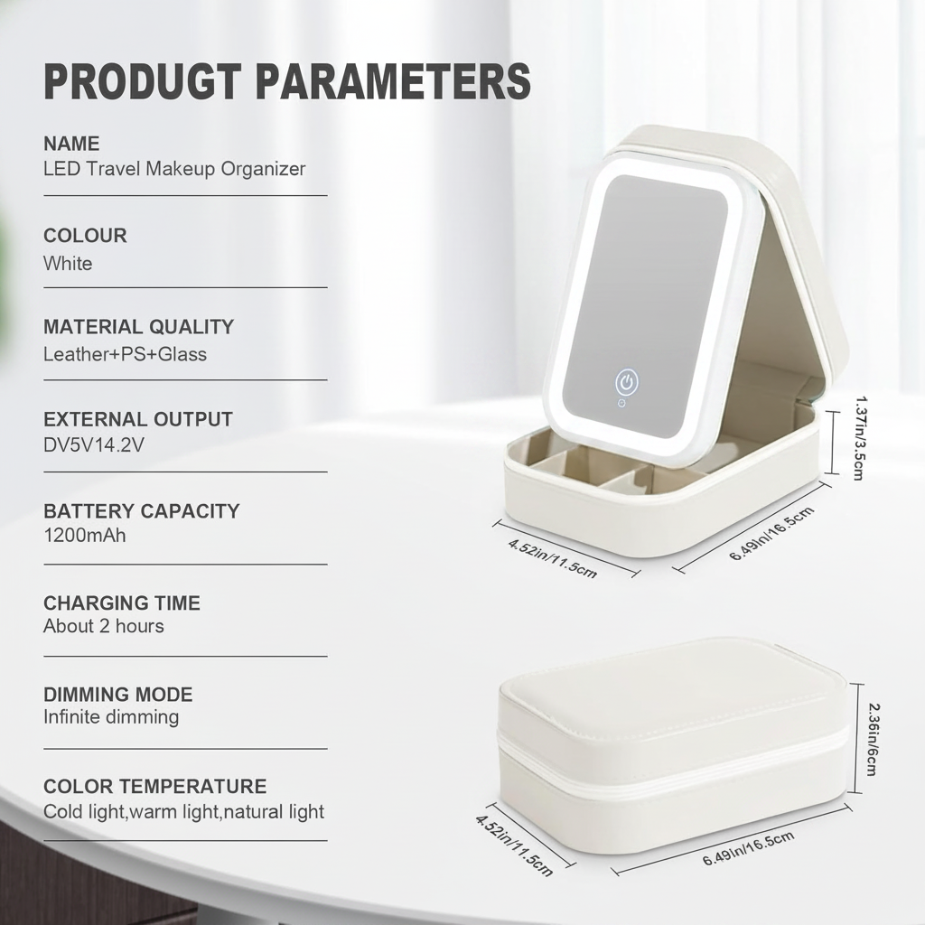 Portable LED Makeup Mirror with Built-in Cosmetic Storage Case..