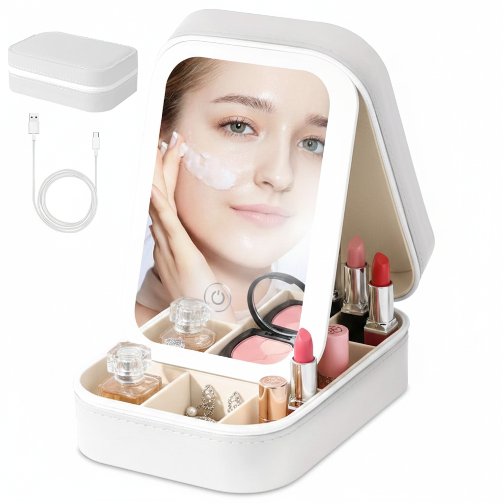 Portable LED Makeup Mirror with Built-in Cosmetic Storage Case..