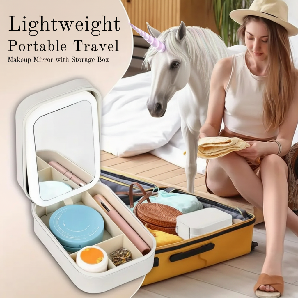 Portable LED Makeup Mirror with Built-in Cosmetic Storage Case..