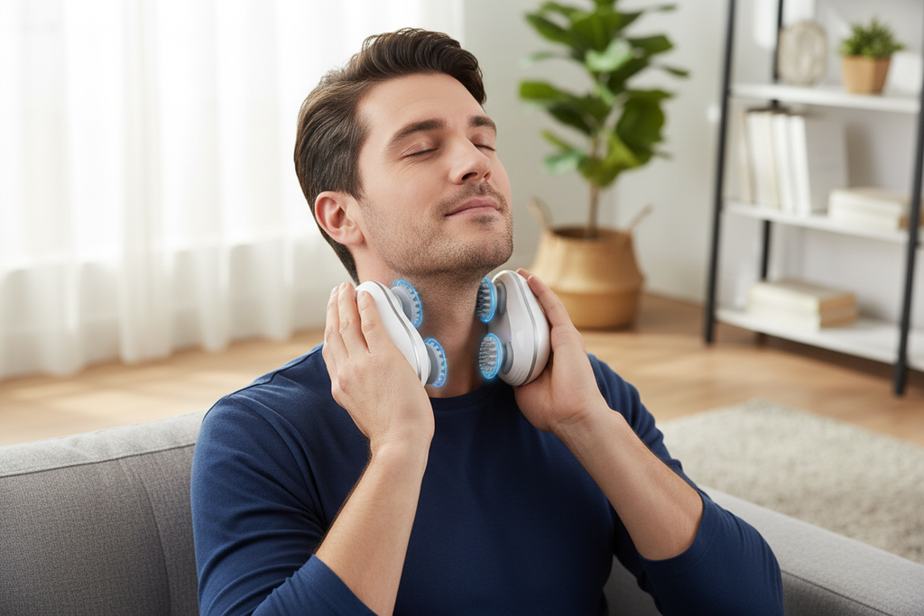 Man using massage device for neck pain relief