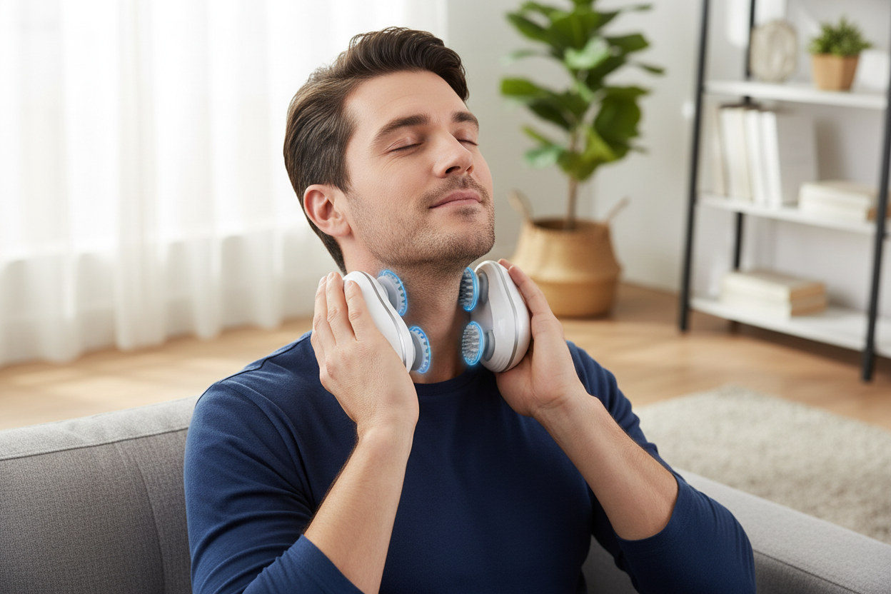 Man using massage device for neck pain relief