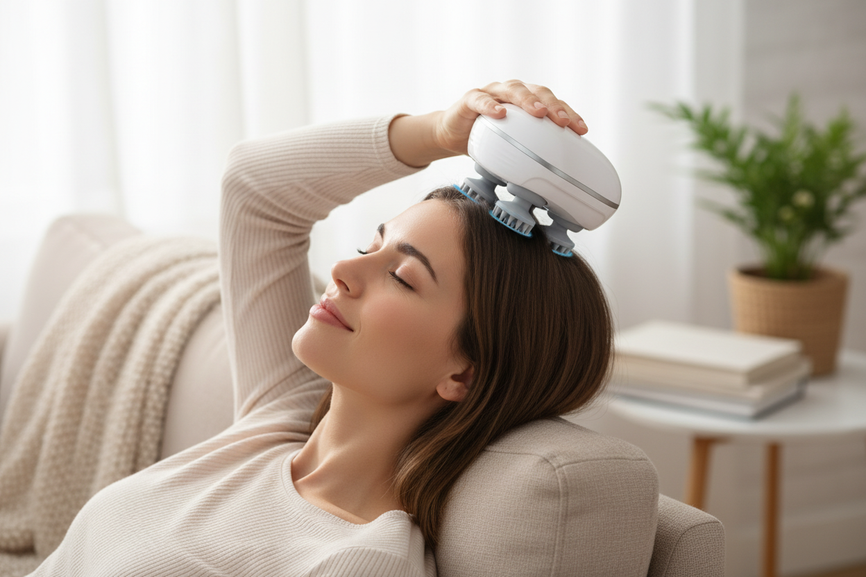 Person using massage device for head massage