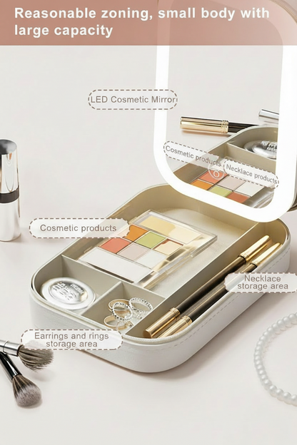 Portable LED Makeup Mirror with Built-in Cosmetic Storage Case..