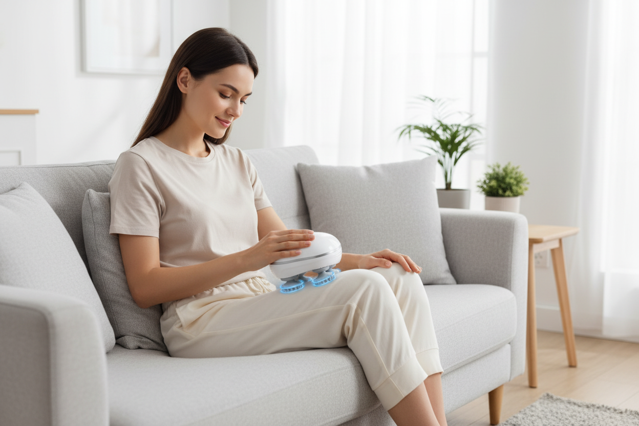 Woman using compact massage device on leg